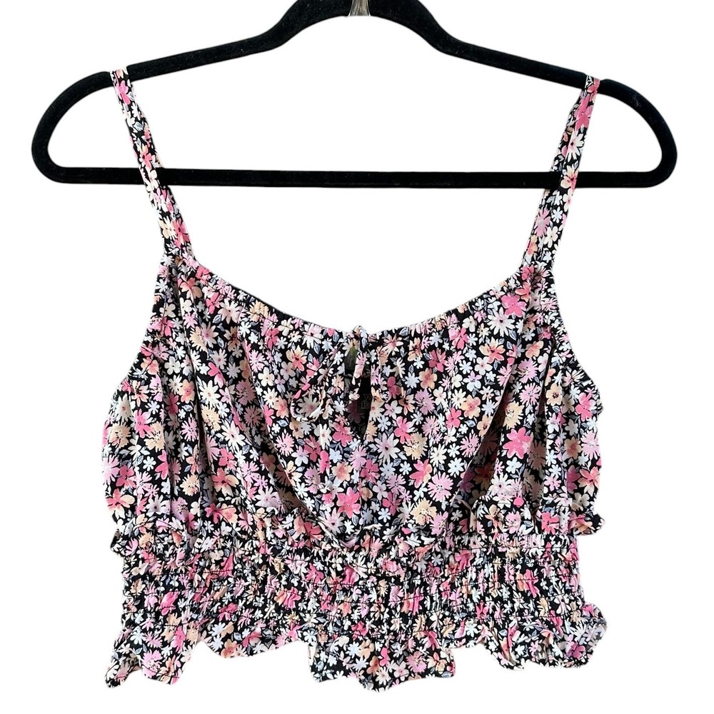 Wild Fable Ditsy Floral Smocked Crop‎ Top Pink Black Keyhole Medium NWT